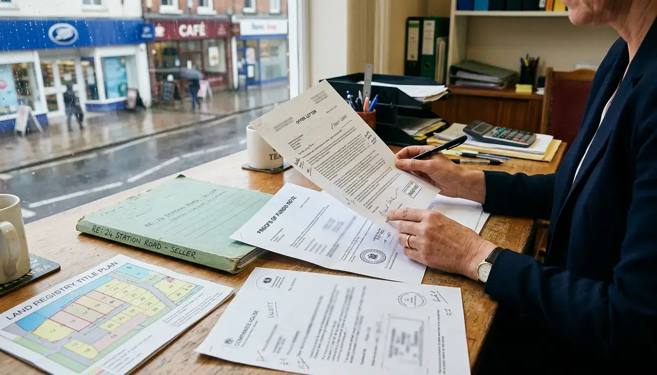 Conveyancer checking proof of funds and company details for a cash house buyer before sale.