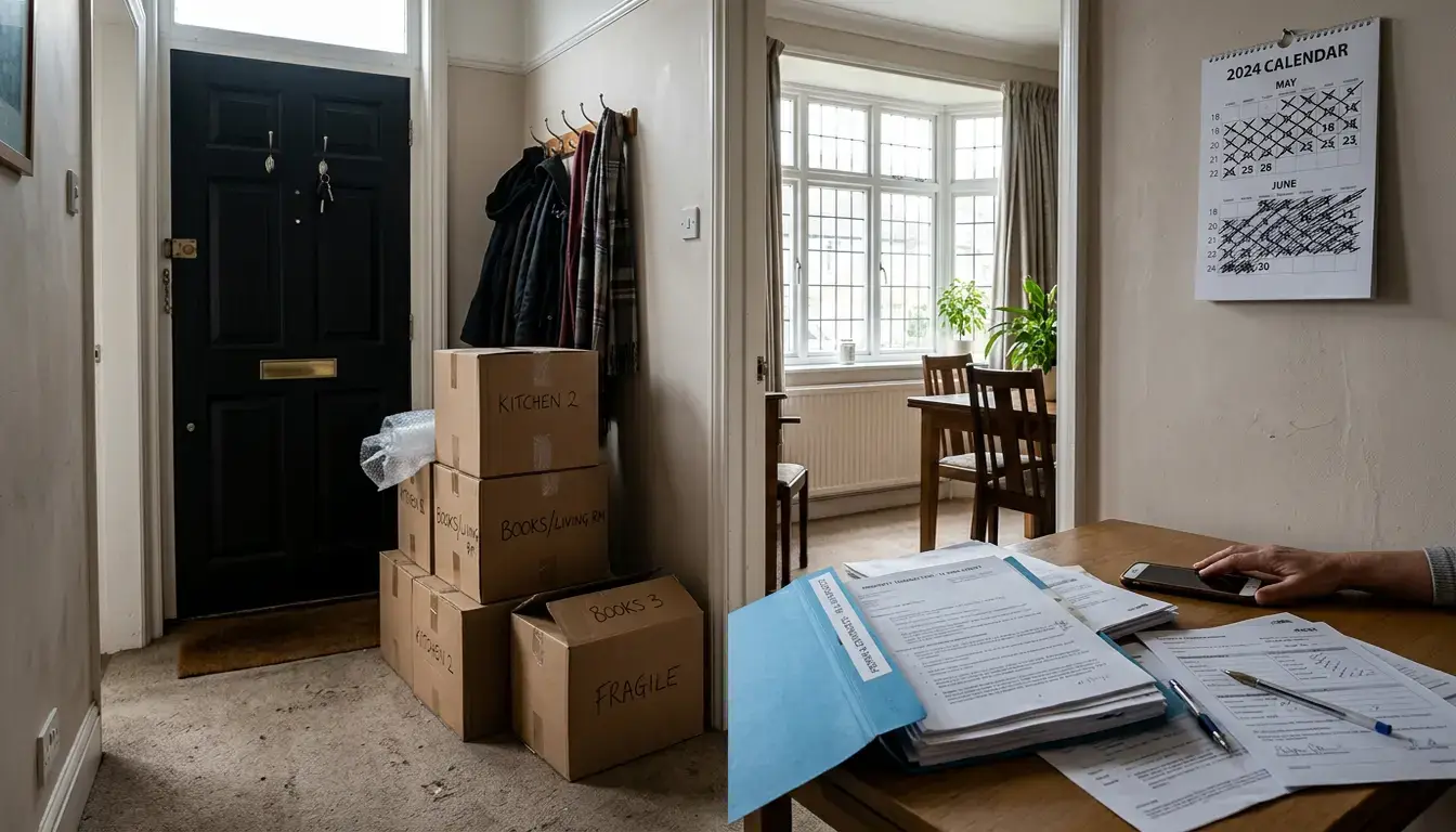 Packed boxes and conveyancing papers show the waiting period in a UK house sale timeline.