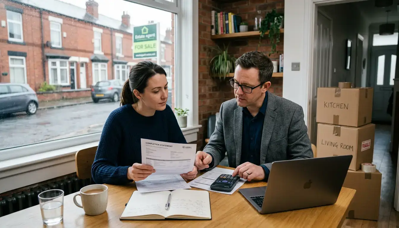 Seller reviewing UK house sale costs with a property adviser in a Manchester terrace.