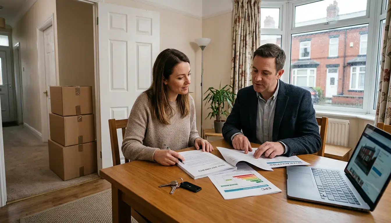 First-time seller reviewing house sale paperwork with a UK property adviser