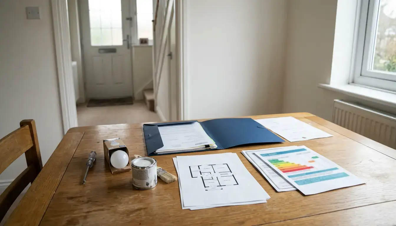 Pre-listing property paperwork and small repair tools prepared to help sell a house quickly without cutting the price.