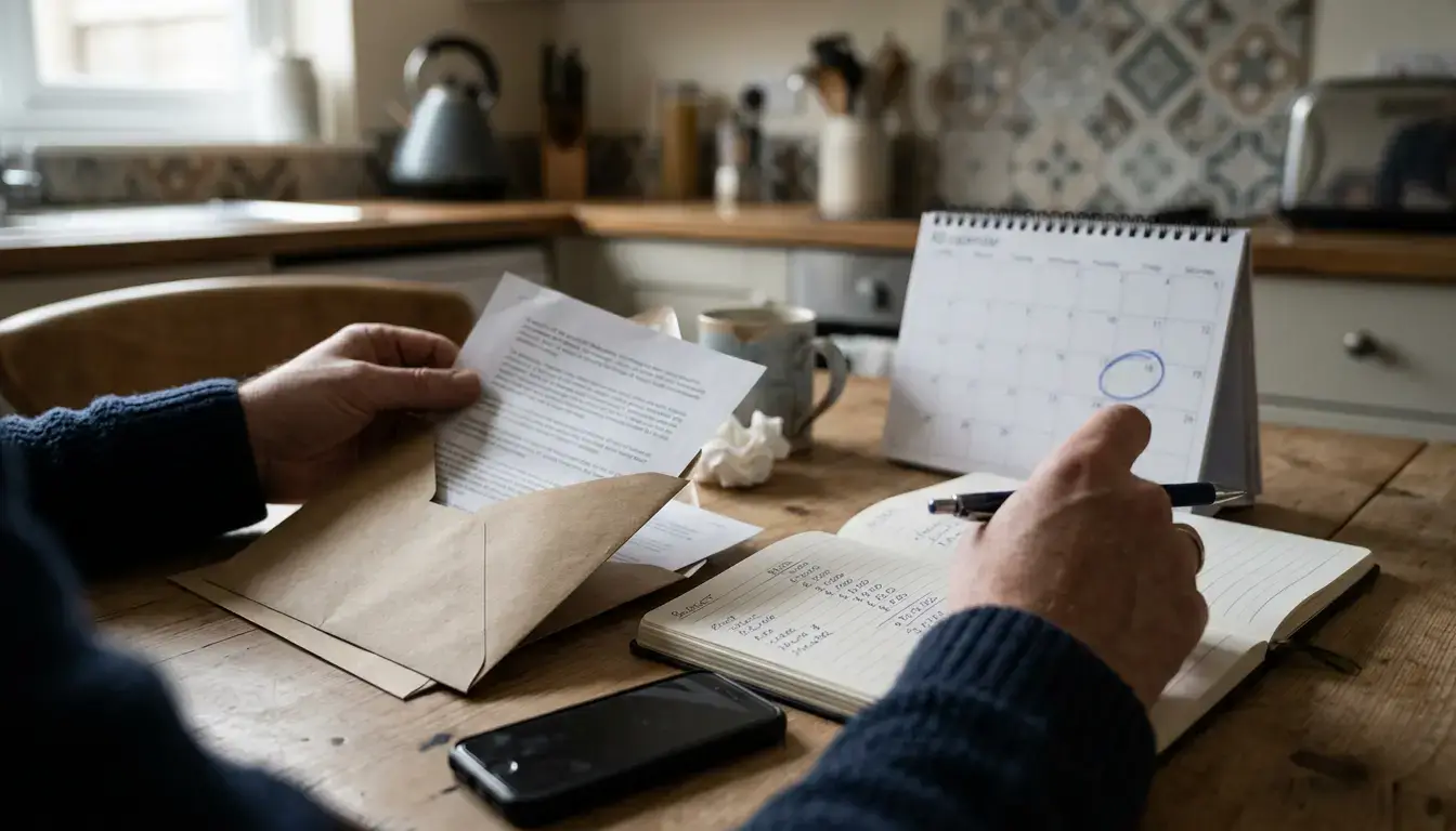 Homeowner sorting mortgage arrears letters and court papers to help stop repossession.